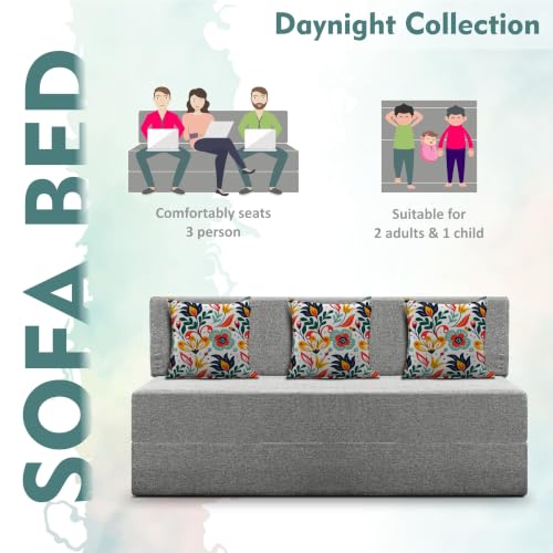 Image of Los Angeles Foldable Three Seater Sofa Cum Bed, Sofa Bed 5 X 6 Feet Jute Fabric Washable Cover- Including Cushion Perfect for Living Room - Grey