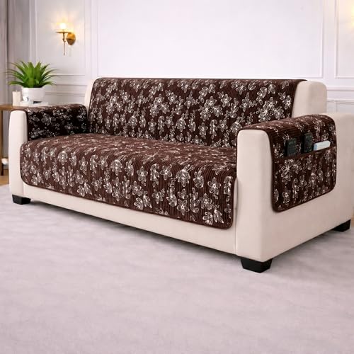 Image of STITCHNEST 'Opulence Series' Floral Woven Sofa Cover for 1 Seater | Premium Soft Fabric Sofa Protector | Brown Floral Pattern with Armrest Pockets | Durable Living Room Furniture Cover
