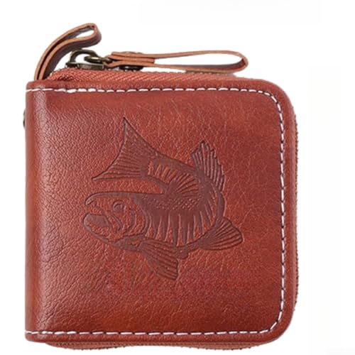 Leather Fishing Lure Storage Bag Waterproof Spinner Bait Wallet for Hooks Flies Tackle Organiser Brown 14.88x8.35cm(Small)