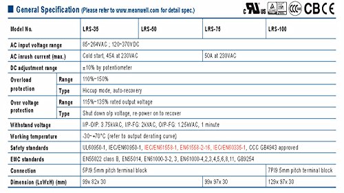 MEAN WELL LRS-50-48 Single Output Switchable Power Supply, 52.8 Watt, 48 Volt, 1.1 Amp
