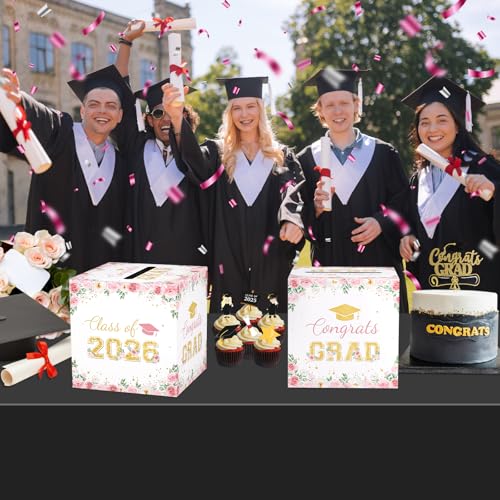 Image of Floral Graduation Card Box 2026, Pink Flower Congrats Grad Card Holder Box, Graduation Party Money and Gift Card Box, Foldable Graduation Gift Grad Parties, 8.7 x 8.7 x 8.7 Inch