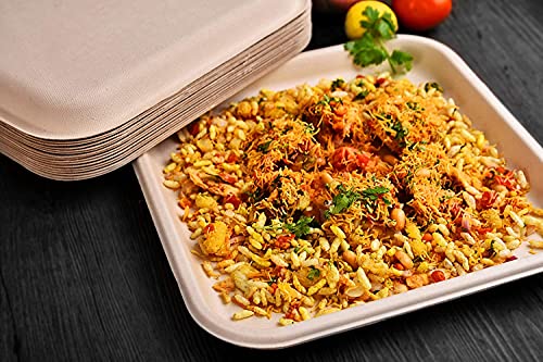 Image of VIK Sugarcane Bagasse Disposable Plates Set (60 Pieces), Square Plates 10 Inch (15), Square Plates 7 Inch (15), Bowls (15), Sporks (15), Brown Party Disposal Biodegradable