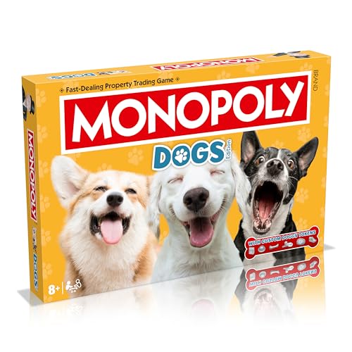 Winning Moves Dogs Monopoly - Juego de mesa edición inglesa, juega con tus caninos favoritos de Pomerania, Husky siberiano y Shiba Inu, divertido juego de mesa familiar para niños de 8 años en