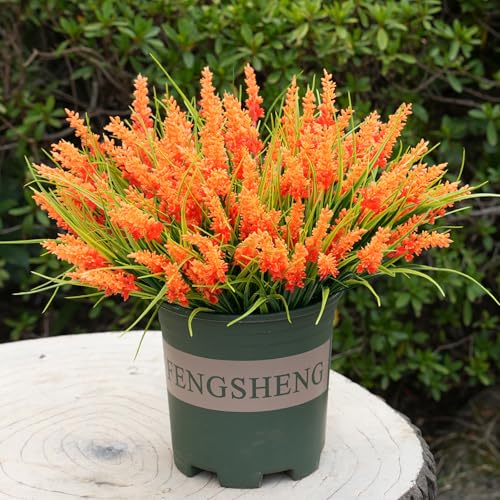 20 Bundles Artificial Plants Outdoor, UV Resistant Fake Flowers, Realistic Faux Lavender Shrubs for Porch Garden Window Box Home Decoration (Orange)