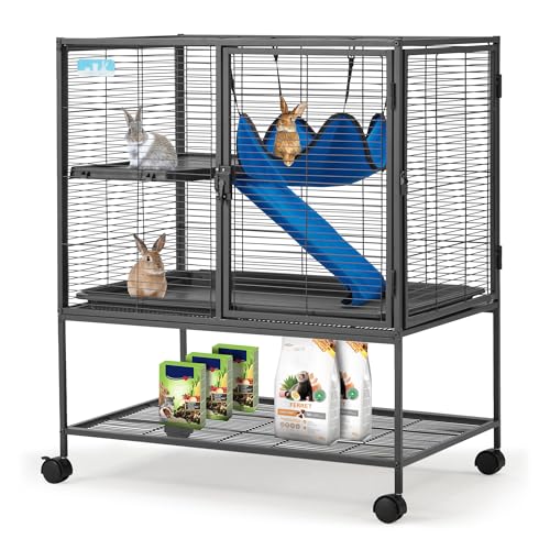 HABUTWAY 36.5''H Large Metal Rolling Ferrets Cage, 2-Tiers Small Animal Cages, Cage for Rats/Chinchillas, 0.5'' Bar Spacing for Ferret,Small Animal Cage w/Removable Ramp & Platform
