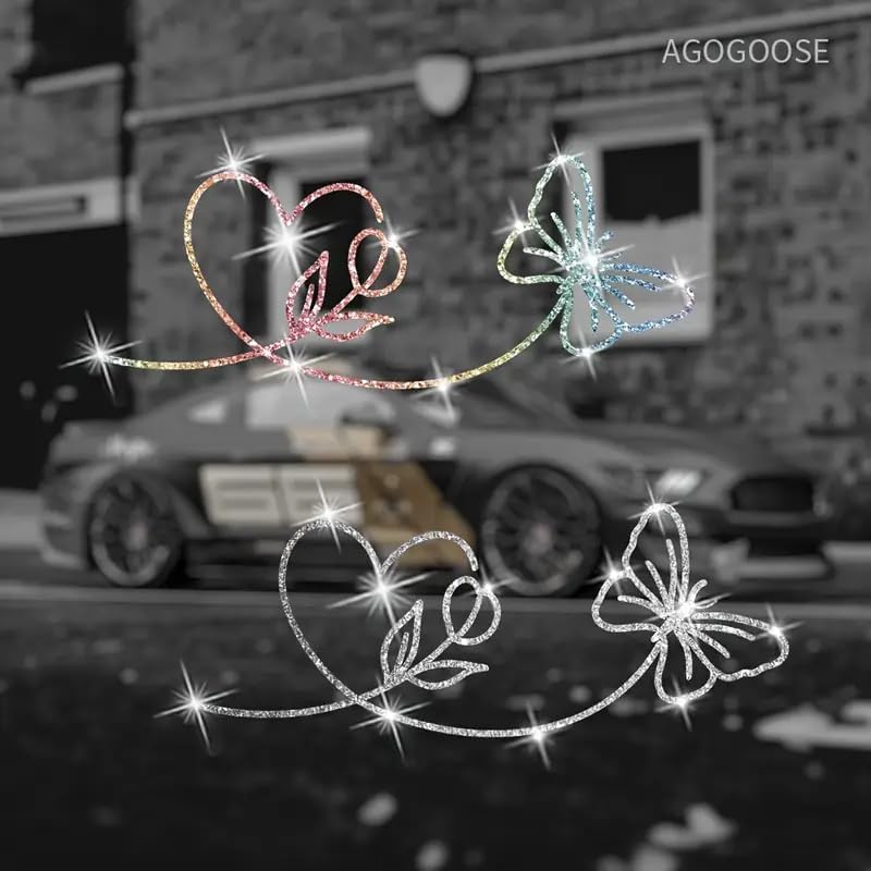 2PCS Sparkling Butterfly and Heart Shaped Flower Self-Adhesive PVC Rainbow Glittery Decal Sticker for Cars, Laptops, Trucks, Motorcycles Wall Window Luggage Scratch Cover Door Decor Sticker - Image 5