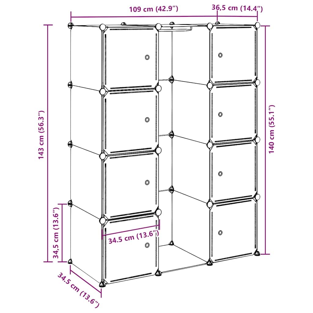 Modulares Aufbewahrungssystem mit 9 Fächern 109x36,5x143 cm Weiß Kunststoff Schrank Garderobe mit Kleiderstange und Schubladen für Schlafzimmer Flur Kinderzimmer
