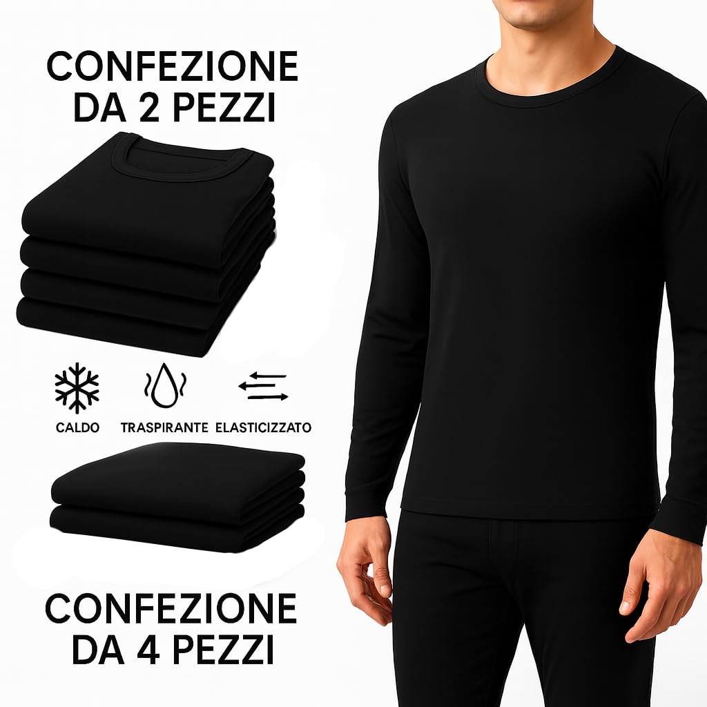 Leedya Set 2-4 Maglia Termica Uomo con Polsino, Made in Italy – Maglia Intima Invernale Morbida e Traspirante con Manica Lunga in Caldo Cotone – Comfort e vestibilità Aderente – Taglie da S a 3XL