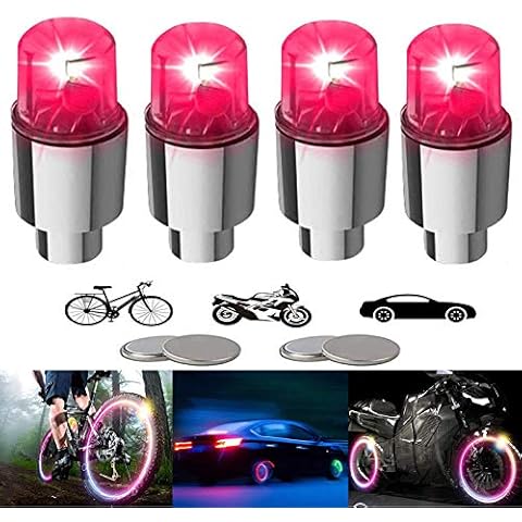 YUERWOVER 4 Pack LED Bike Wheel Lights Car Tire Valve Stems Caps Bicycle Motorcycle Waterproof Tyre Spoke Flash Lights Cool Reflector Accessories for Kids Men Women with 10 Extra Batteries(Red) Cover