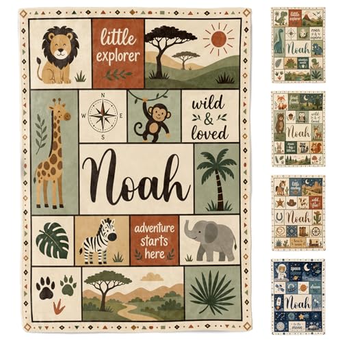 Image of Personalized Baby Blanket with Name, Custom Soft Flannel Nursery Blankets for Boys Girls, Safari Woodland Dinosaur Space Themed Toddler Throw, Customized Newborn Gift for Baby Shower Birthday