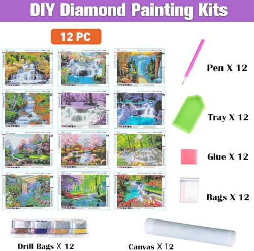 Image of TINY FUN 12 Pack Diamond Art Kits for Adults & Beginners 5D Diamond Painting with Round Full Drill for Home Wall Decor Gift