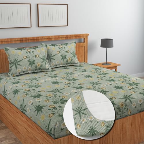 Image of NEW LEAF Cotton Fitted King Bedsheets with 2 Pillow Covers | Elastic Fitted | Wrinklefree | Ultrasoft |Winter Bedsheet 200 to 220 tc Floral | 78x72+8 Inches, Floral Pastle Green