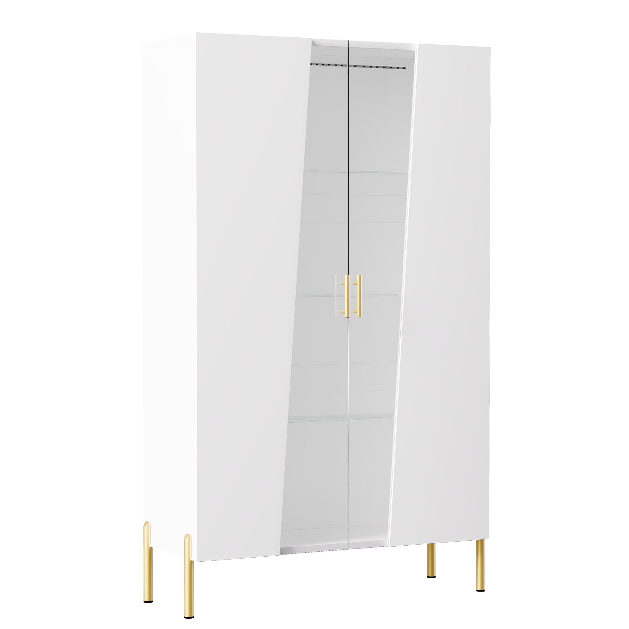 TIZZ Armadio in vetro 72 x 40 x 145 cm, con porta asimmetrica in vetro temperato, 3 ripiani in vetro, maniglia in metallo e piedini in metallo, come vetrina, per sala da pranzo, libreria, colore