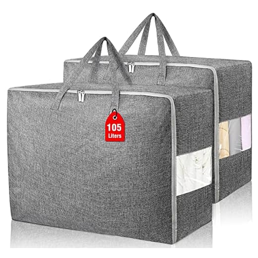 2Pack 105L Extra Large Storage Bags, Folding Moving Comforter Blanket Storage Bags Closet Organizers and Storage Containers for Clothes with Strong Handles&Zippers Clear Window for Bedding Pillow Grey