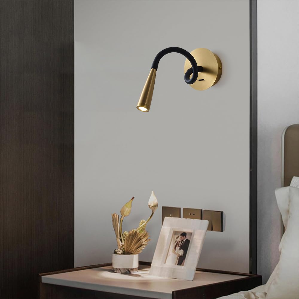 Nowoczesna lampa ścienna z regulowanym wężem LED, elastyczną łabędzią szyją i włącznikiem/wyłącznikiem, idealna do sypialni, stolika nocnego, gabinetu lub kącika do czytania.