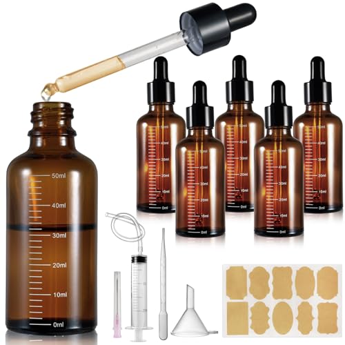 Realure 5 Stück Pipettenflasche 50ml mit Skala, Kleine Braunglas Glas Tropfflasche Dropper Bottle, Refillable Flasche mit Pipette, für Ätherische Öl Parfümöle Flüssigkeit 5 Hilfszubehör