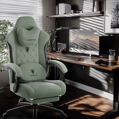 Image of Dowinx Gaming Chair with Heated Massage Lumbar Support,Big and Tall Fabric Gaming Chairs for Adults with Footrest, Ergonomic Computer Game Chair with Poket Spring Cushions, 350lbs, Green
