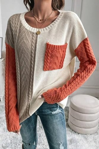 CORIRESHA Women's Casual Round Neck Color Block Pocket Cable Knit Regular Fit Pullover Sweater4