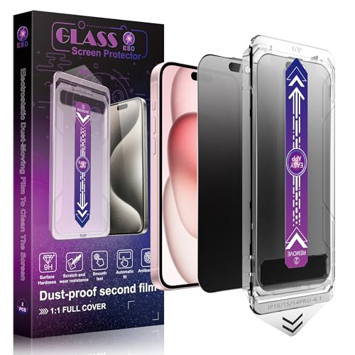 SHANG PIN JIA 2 Pack Matte Privacy Screen Protector for iPhone 16/15/14 Pro 6.1-Inch Auto Dust Removal No Bubbles Anti-Spy Tempered Glass Film Easy Installation