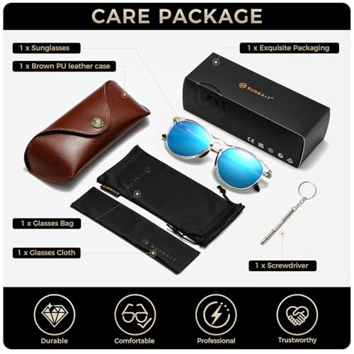 Image of SUNGAIT Original Design Trendy Sunglasses Polarized Vintage Round Classic Retro Style for Women and Men(2026 Transparent Frame /Blue Mirror Lens)