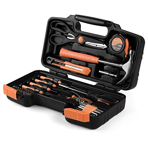 Flexzion Tool Set Box - Hand Tool Kit & Accessories For General Household DIY Home Repair with Plastic Toolbox Storage Organizer Case - Homeowner's Tool Kit (Orange & Black)