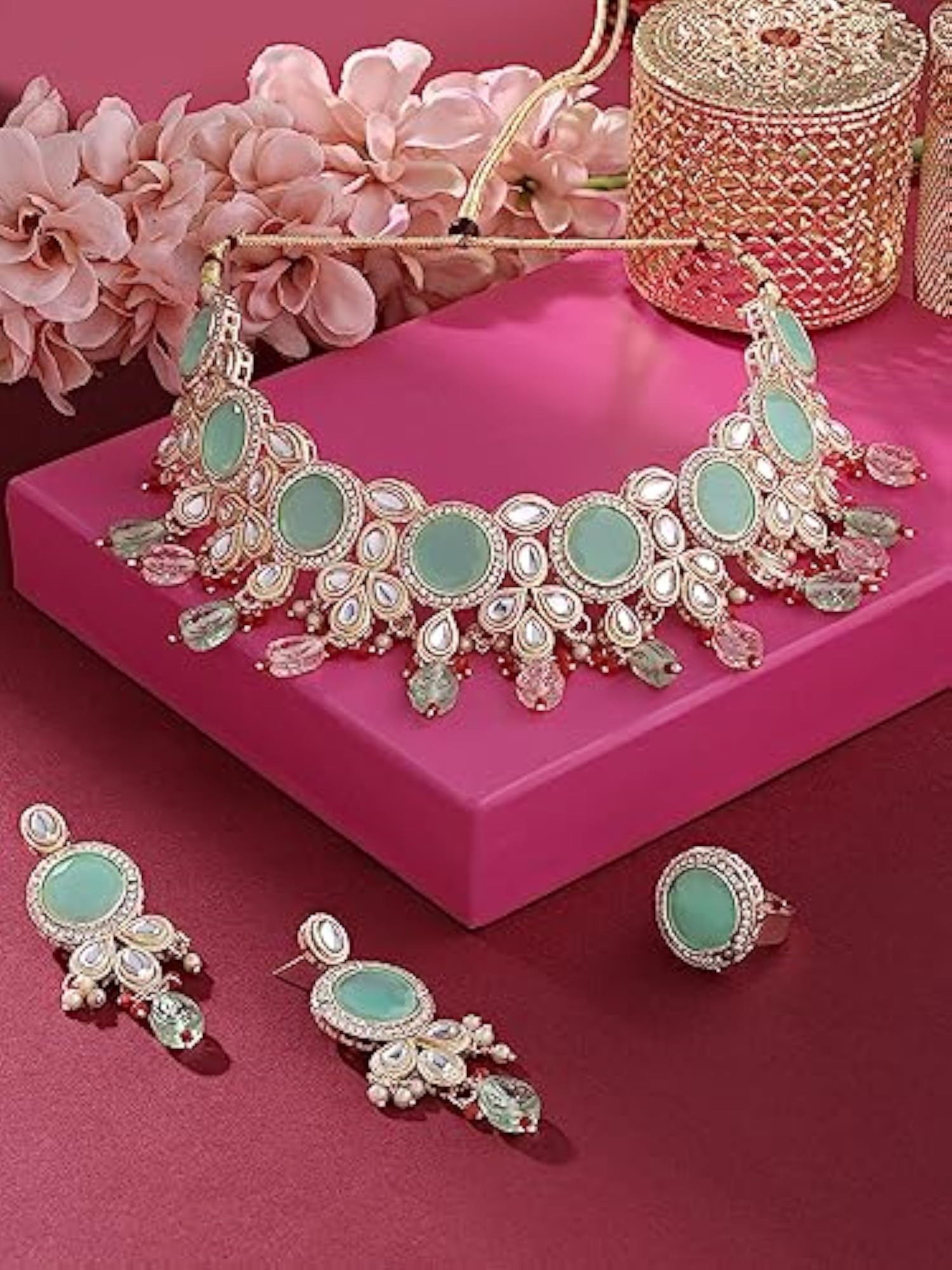 Stones Beads Kundan Choker Necklace Earring Set