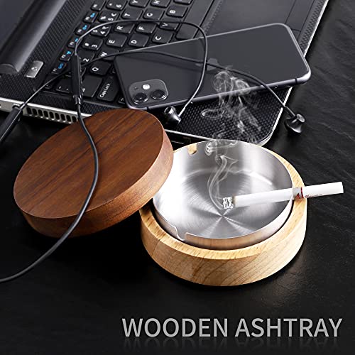 Wooden Ashtray with Lid for Smokers Stainless Steel Liner Ash Tray Windproof Durable Easy to Clean Cool Ashtrays for Indoor or Outdoor Use, Patio, Office & Home - Image 3
