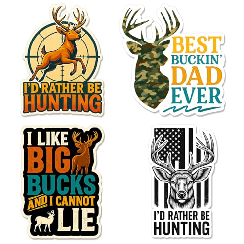 4 Pcs Funny Hunting Stickers for Men – Buck Deer Decals for Water Bottles, Cool Hunting Gifts for Dad, Son, Hunters – Waterproof Hunting Vinyl Stickers for Laptop, Trucks, Gear, More