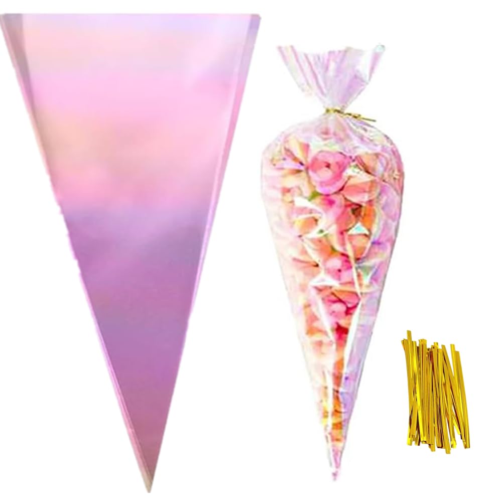 MAOUYWIEE Cellophane Treat Bags,50 Pieces Iridescent Holographic Cellophane Goody Bags Triangle Goody Bags with Twist Ties for Candies Handmade Cookies 6.3x11.8 inches