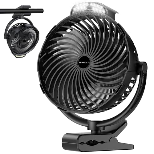 Tenvolti 10000mAh Clip on Fan, 8-Inch Golf Cart Fan Rechargeable with LED Light, 9 Speeds Strong Airflow, Quiet, 30Hrs Runtime, 360° Rotation, Cooling for Bed Camping Office Desk Dorm, Black