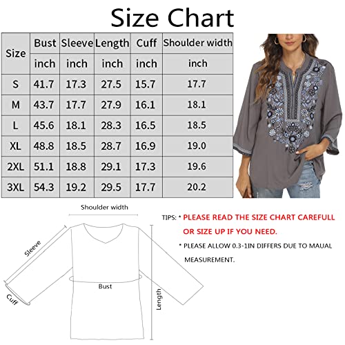 Lauraklein Women's Mexican Embroidered Tops For Women V Neck 3/4 Sleeve Shirts Peasant Casual Loose Summer Tunics Blouse (As1, Alpha, 3X_L, Regular, Regular, Grey) #TOP5