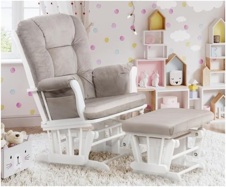 HomeStock Glider Chair & Ottoman - White - Comfortable Seating & Smooth Glides