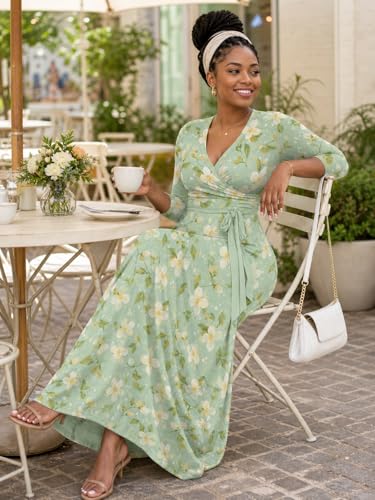 Image of PinkPatty Plus Size Maxi Dresses for Women Casual Flowy Long Dress 3 /4 Sleeve V Neck Wrap Dress with Belt