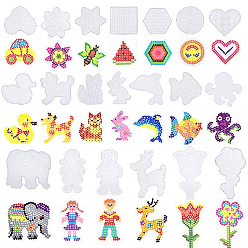 Coopay 20 Pieces Fuse Beads Pegboards Clear Plastic Template Beads Boards Different Shapes with 20 Pieces Colorful Cards for Kids Craft Supplies