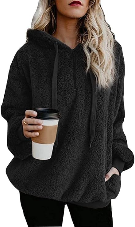 ReachMe Womens Oversized Sherpa Pullover Hoodie with Pockets Fuzzy Fleece Sweatshirt Plaid Fluffy Jacket Coat(A Black,XL)