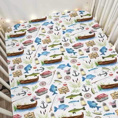 Image of Gone Fishing Baby Crib Sheets for Boy Girl 28"x52" Fishing Lover Gift Soft Snug Fitted Crib Mattress Cover Camping Adventure Vacation Outdoors Baby Sheet for Standard Crib & Toddler Bed Mattresses