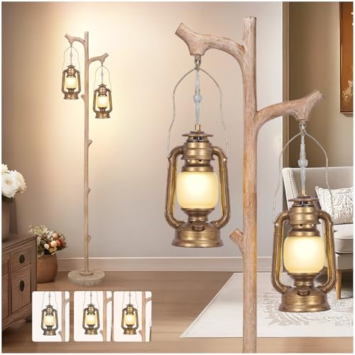 Image of Scenekoy Vintage 68” Tall Floor Lamp with Lanterns, Retro Standing Lamp Tree Trunk Finish & Resin Body, Rustic Dimmable Corner Lamp Stand Up Light with Bulb Prefer for Living Room Bedroom Home Decor