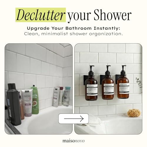 Image of Shampoo and Conditioner Dispenser Wall Mounted Set of 3 Amber Black - No Drill Shower Soap Dispenser for Bathroom Refillable - Spa Hotel Style Accessories by MaisoNovo