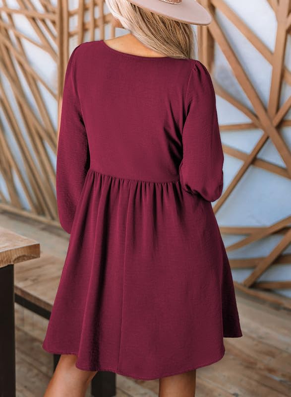Image of Dokotoo Fall Dresses for Women 2026 Casual Long Sleeve Mini Dress | Smocked Crewneck, Button Up, Empire Waist, A-Line Hem, Solid Color, Floral Pattern