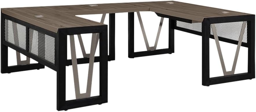 NBF U-Shaped Executive Office Desk with Reversible Bridge - 60" W Modern Computer Table with Grommet Holes - District Office Work Desk with Southern Walnut Laminate Top & Black Base