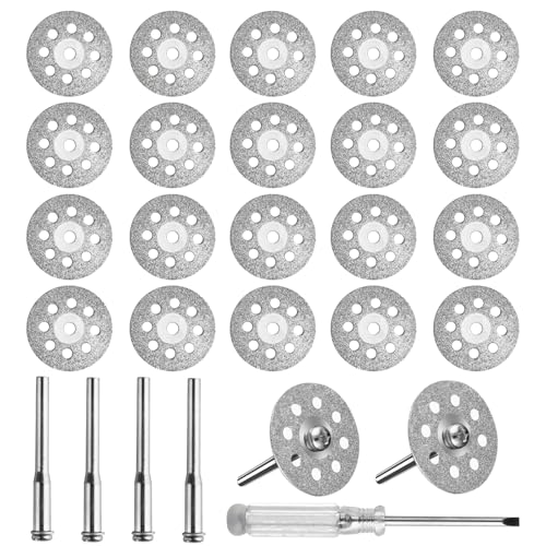 20 Pcs Diamond Cutting Wheel Cut Off Discs for Dremel Diamond Cutting Discs(22 mm) for Dremel Rotary Tool Accessories, Metal Stone Glass Cuttings Discs Disks, with 4 Pcs 3mm Mandrels, 1 Screwdriver