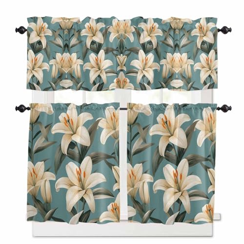Vintage Flower Kitchen Curtains 24 Inch Length,3 Piece Rod Pocket Small Half Tiers and Valance Set,Country Lily Floral Botanical Plant Leaf Small Large Window Treatment Decor for Bedroom/Bathroom
