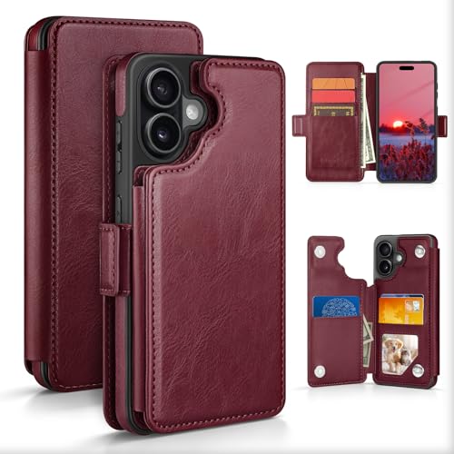 Étui portefeuille iPhone 17 rouge anti-choc et anti-piratage RFID pour écran 6.3