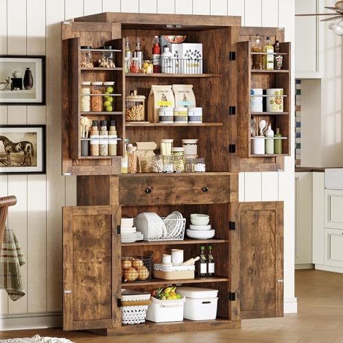 usikey-72-Kitchen-Pantry-Cabinet-Tall-Storage-Cabinet-with-4-Doors-and-1-Drawer-Freestanding-Cupboard-with-6-Hanging-Shelves-and-Adjustable-Shelves-for-Kitchen-Living-Room-Rustic-Brown usikey 72 Kitchen Pantry Cabinet Tall Storage Cabinet with 4 Doors and 1 Drawer Freestanding Cupboard with 6 Hanging Shelves and Adjustable Shelves for Kitchen Living Room Rustic Brown