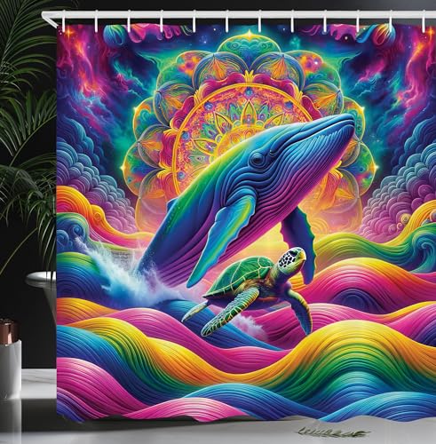 ABAKUHAUS Nautique Rideau de Douche, Rêve Océanique Délirant avec Baleine Et Tortue Vagues dans des Couleurs, Material Resistente al Agua Durable Estampa...