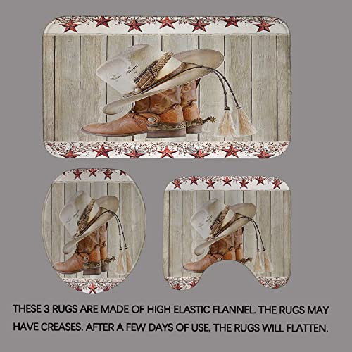 Dia Magico 4Pcs Western Cowboy Shower Curtain Set, Cowboy Hat Boots Texas Barn Star Primitive Berry Country Rustic Farmhouse Bathroom Decor, Waterproof Fabric Beige Shower Curtain, Non-Slip Bath Mat #TOP3