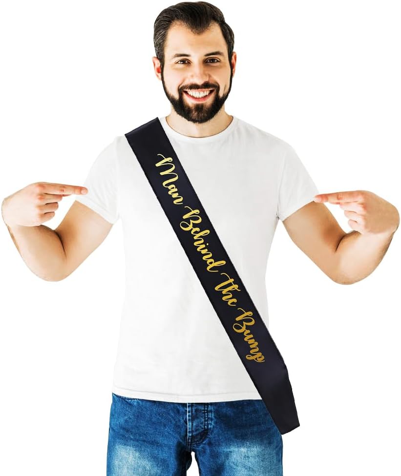 "Man Behind The Bump" Funny Baby Shower Sash for Daddy to Be, Baby Shower Party Decorations Gifts Supplies Dad to Be Baby Gender Reveal Ideas New Father Favors (Pink)