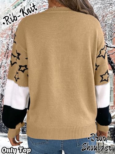 Star Sweater,Color Block Crew Neck Fall Sweaters for Women,Cute Long Sleeve Knit Tops3