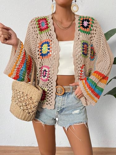 Image of SHENHE Women's Floral Crochet Cardigan Hollow Out Open Front Long Sleeve Cardigan Sweater