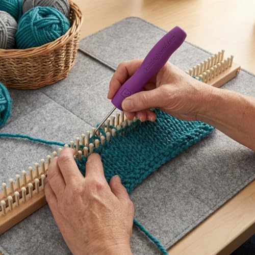 Image of Authentic Knitting Board Ergonomic Loom Knitting Hook /Tool, Loom Hook Tool with Rubber Comfort Grip, Easy on Wrists & Arthritic Hands, Fits All Knitting Looms (3 Pack) Orange, Purple, Green Hooks